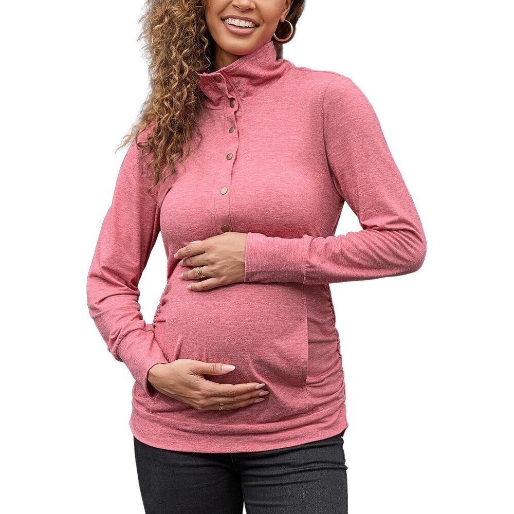 Maternity Shirt Long Sleeve Half Button Front Nursing Breastfeeding Pocket